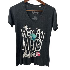 Disney Alice in Wonderland t-Shirt Gray V-Neck We're All MAD Here Junior Size L